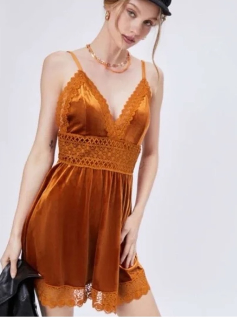 Cider Boho Velvet Lace Trim Chemise Mini Dress in Marmalade Orange Size L